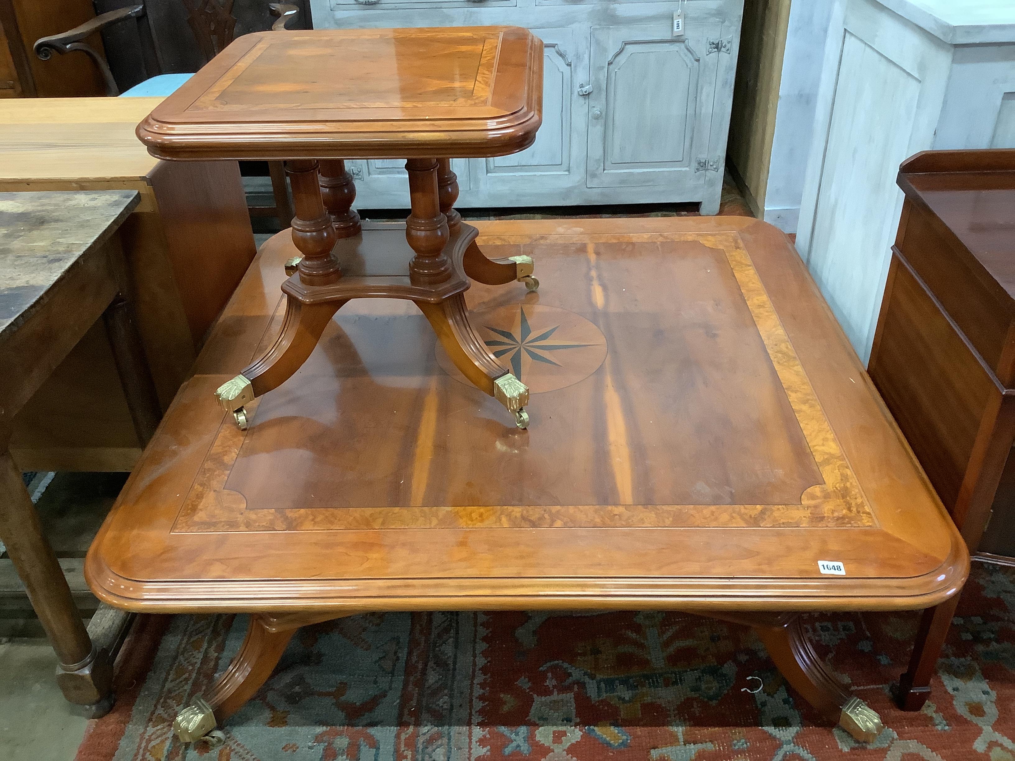 An inlaid yew wood square coffee table, 120cm, and a matching occasional table, width 54cm
